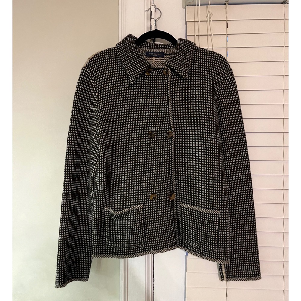Piazza Sempione Black White Geometric Knit Wool Sweater Jacket Italy Made Sz 46